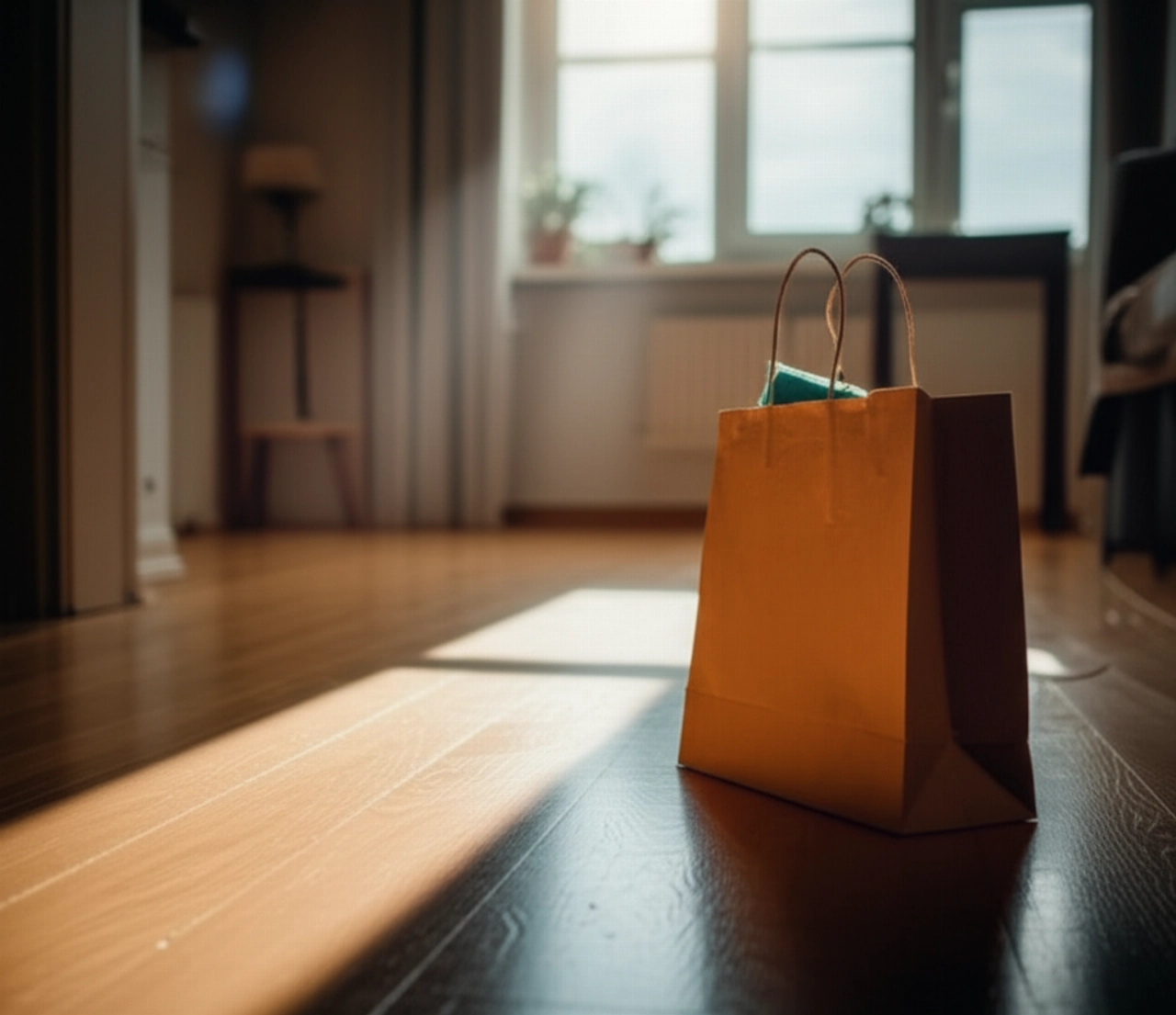 Una borsa della spesa dimenticata, illuminata dal sole su un pavimento lucido, che simboleggia un carrello online abbandonato.