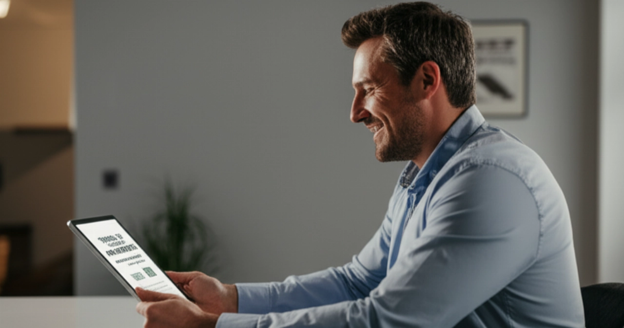Un uomo caucasico sorridente guarda soddisfatto la schermata di 'acquisto completato' sul suo tablet, rappresentando il successo del recupero del carrello abbandonato.