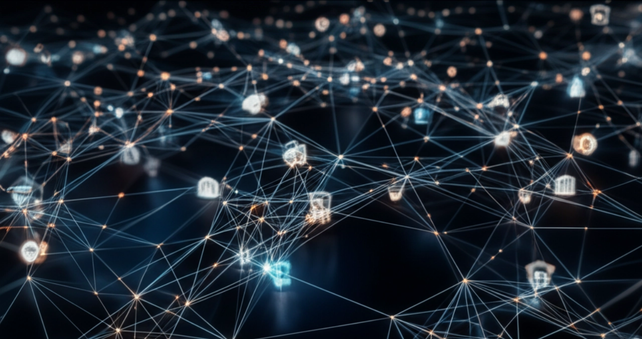 Visualizzazione astratta iperrealistica di un algoritmo di ricerca e-commerce avanzato come una rete neurale luminosa.