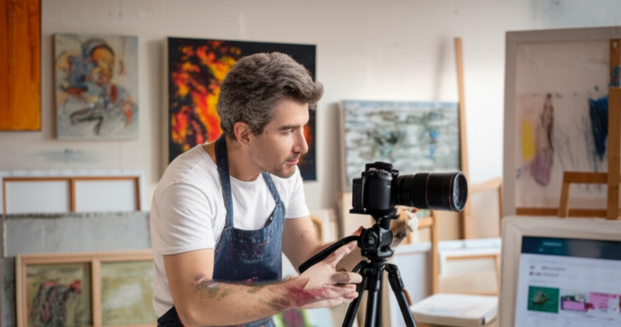 Un artista maschio caucasico che fotografa il suo dipinto in uno studio illuminato dal sole, preparandolo per la vendita online, circondato da materiali artistici.