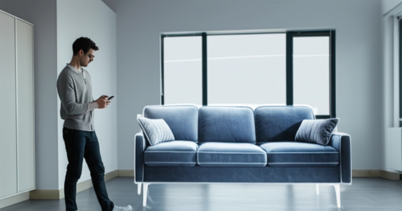 Un uomo caucasico in un soggiorno minimalista usa uno smartphone per visualizzare una grande e dettagliata proiezione di realtà aumentata di un divano moderno, perfettamente integrata nel suo spazio reale.