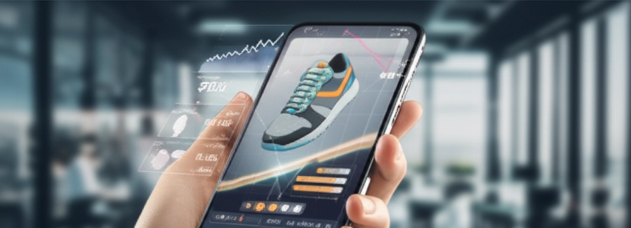 Primo piano di una mano caucasica che tiene uno smartphone che mostra una sofisticata interfaccia di e-commerce in realtà aumentata, con overlay 3D interattivi del prodotto e punti dati.