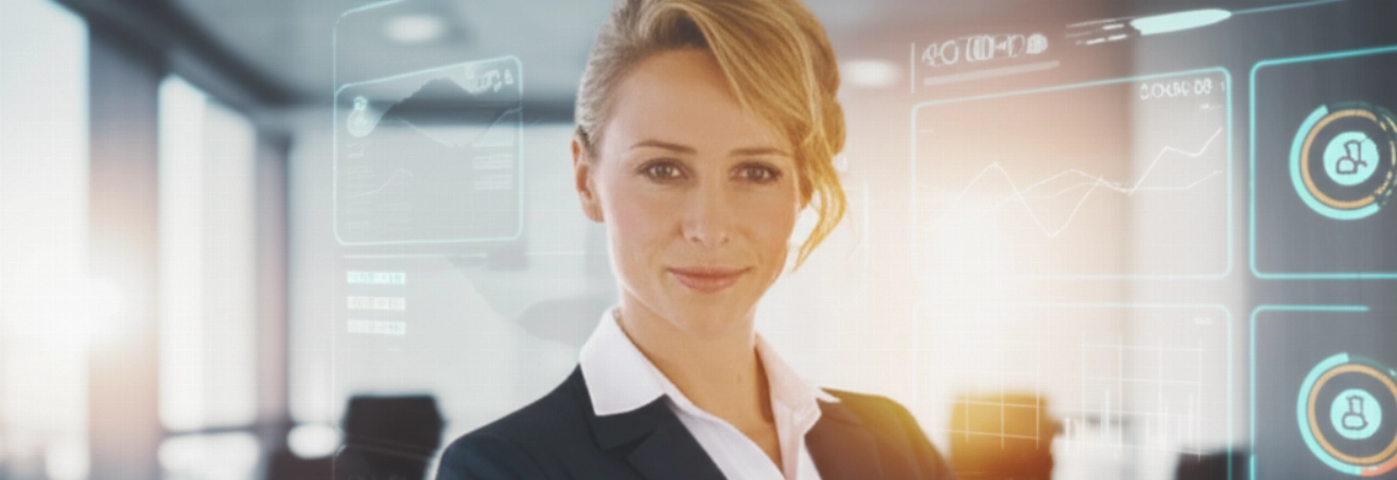 Una sicura dirigente caucasica in un ufficio moderno, con un dashboard digitale che mostra metriche di crescita dei clienti sullo sfondo.