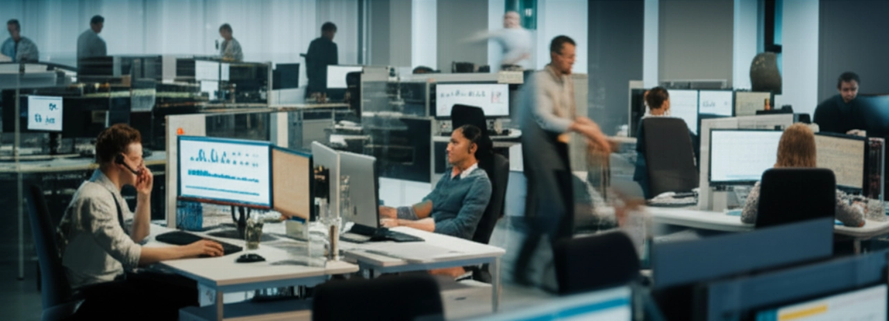 Una scena dinamica di professionisti caucasici che gestiscono efficacemente le interazioni con i clienti B2B in un ambiente d'ufficio moderno e dinamico.