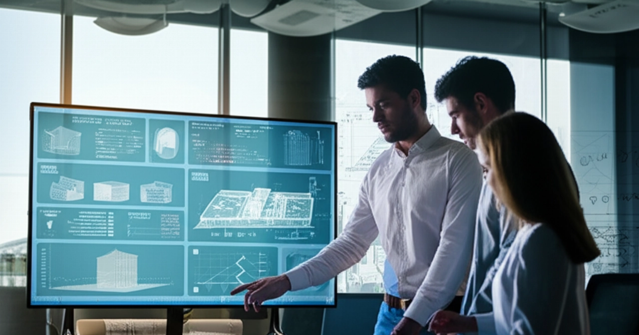 Tre professionisti edili caucasici in un ufficio moderno, che collaborano attorno a un grande schermo digitale che mostra una dashboard e-commerce B2B per la gestione di progetti e l'approvvigionamento di materiali.