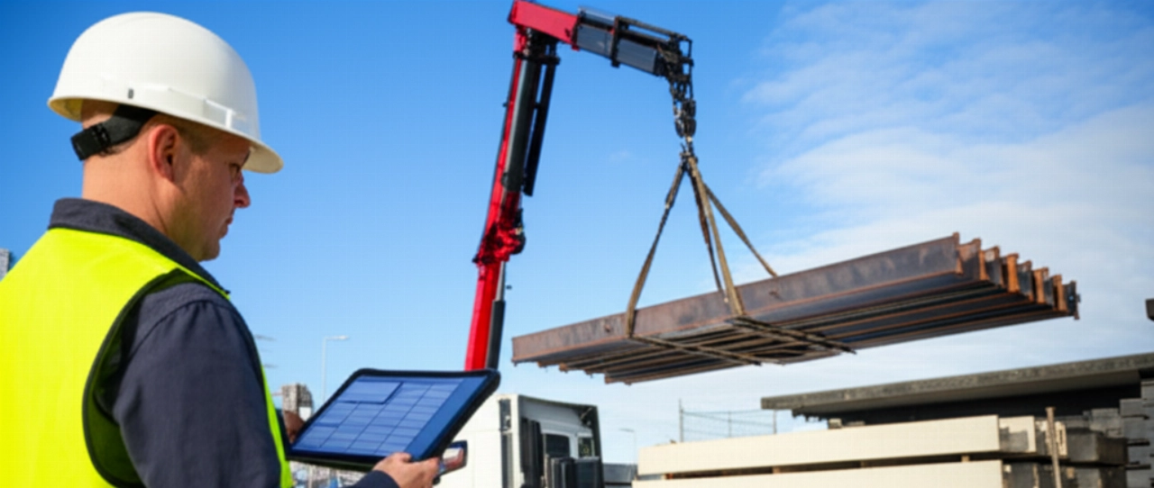 Un supervisore di cantiere caucasico su un cantiere organizzato, che usa un tablet robusto per supervisionare la consegna e lo scarico efficiente dei materiali da costruzione da un camion.