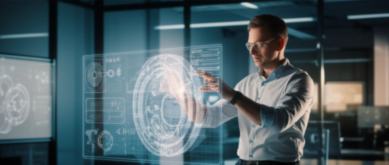 Un ingegnere caucasico interagisce con una proiezione olografica 3D di un componente industriale personalizzato in uno studio di design moderno.
