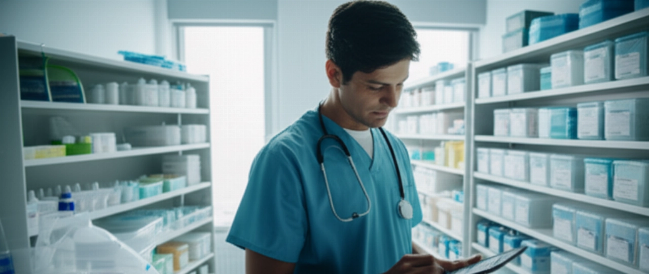Un medico caucasico controlla meticolosamente l'inventario in una sala di forniture mediche ben organizzata, assicurando che le scorte essenziali siano pronte.