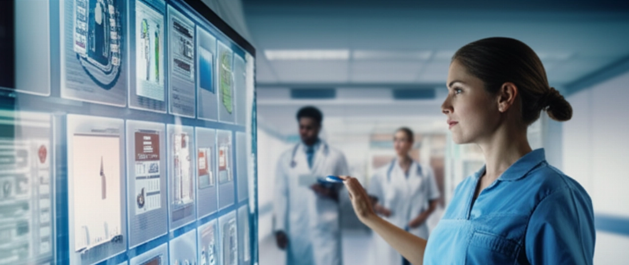 Un'amministratrice ospedaliera caucasica utilizza un touchscreen per gli ordini di forniture mediche, con professionisti medici in un corridoio ospedaliero sullo sfondo, mostrando una logistica efficiente.