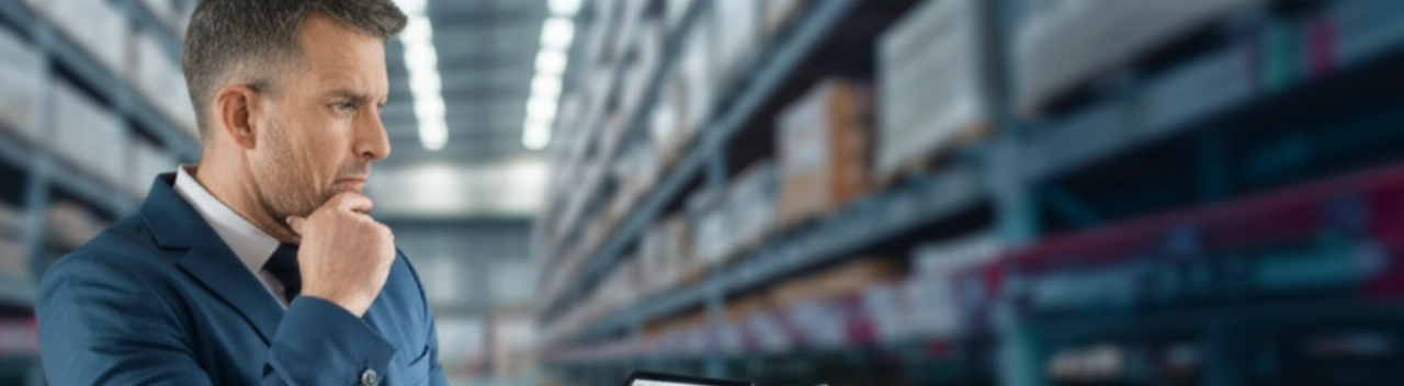 Un imprenditore caucasico fiducioso visualizza una piattaforma e-commerce B2B su un laptop, con un magazzino moderno sullo sfondo.