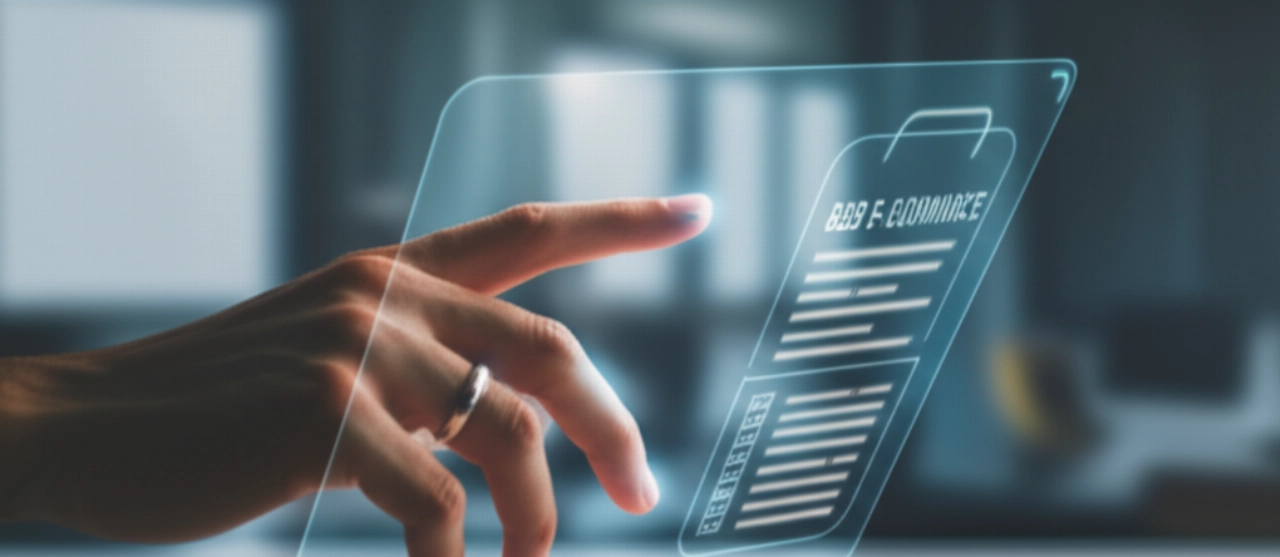 Mano che interagisce con un preventivo di e-commerce B2B olografico futuristico.