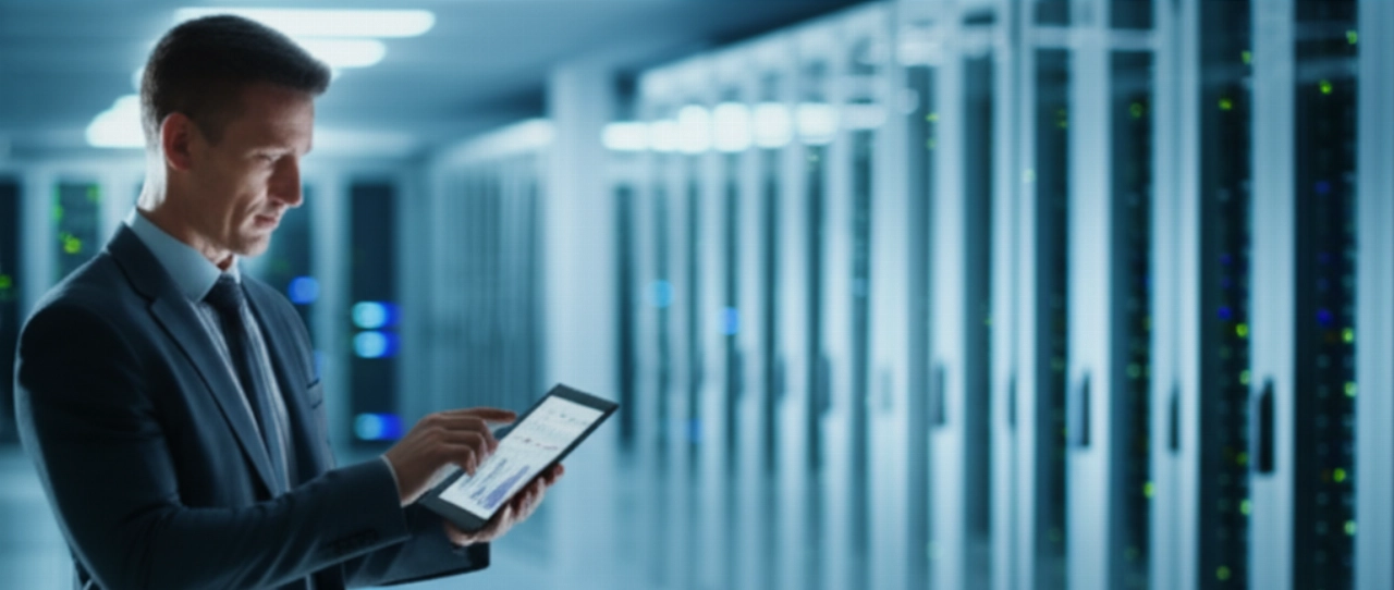 Un dirigente caucasico sicuro di sé esamina grafici di crescita su un tablet in un moderno data center, simboleggiando un'efficiente infrastruttura e-commerce B2B.