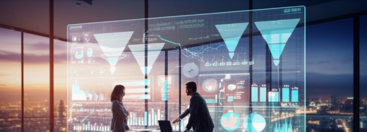 Due professionisti caucasici collaborano su uno schermo digitale trasparente che mostra funnel di vendita B2B e tendenze di mercato in un ufficio moderno, simboleggiando la crescita strategica dell'e-commerce.