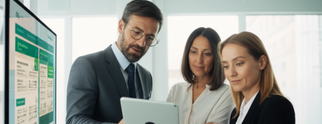 Due professionisti caucasici discutono in modo collaborativo uno strumento di quotazione B2B online su un grande schermo in una sala riunioni moderna.