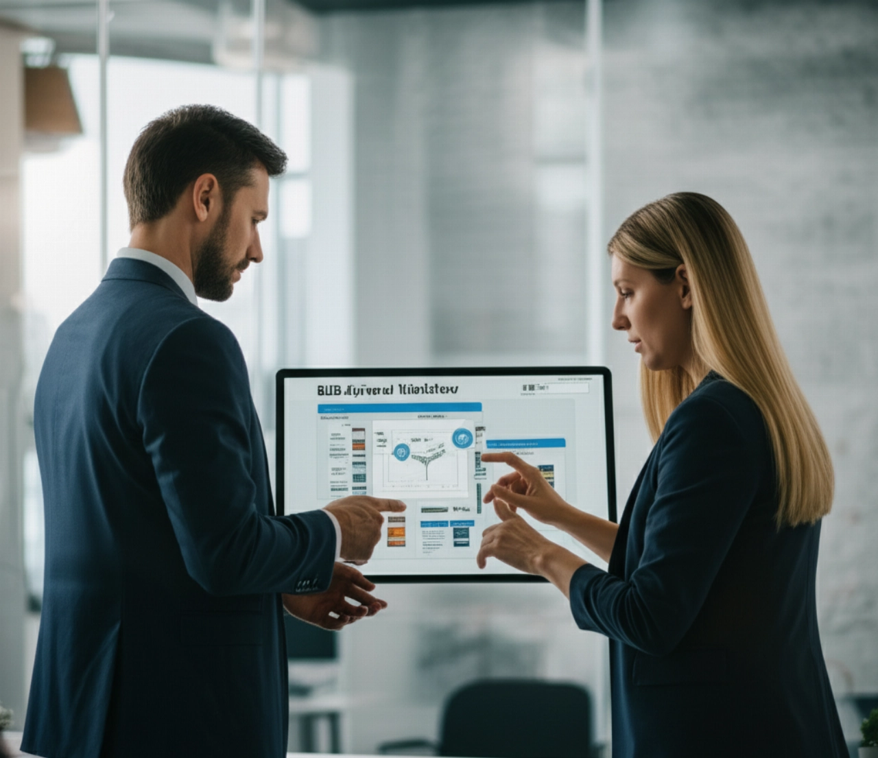 Due professionisti caucasici che collaborano su un flusso di lavoro di approvazione degli ordini B2B, discutendo i dettagli su uno schermo condiviso in un ufficio moderno.