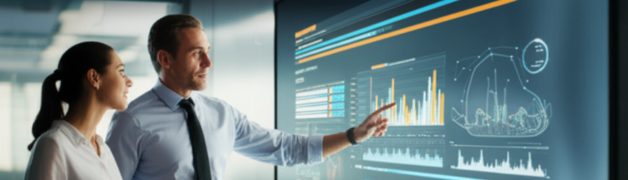 Due professionisti delle vendite caucasici collaborano in una moderna sala conferenze, discutendo dati su un grande schermo che mostra un portale B2B, rappresentando lavoro di squadra e pianificazione strategica.