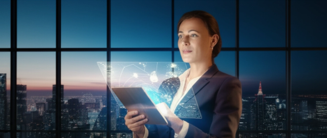 Una dirigente di vendita caucasica con espressione fiduciosa, che visualizza un avanzato dashboard di intelligence B2B su un tablet contro lo skyline di una città al tramonto, simboleggiando intuizione strategica e decisioni basate sui dati.