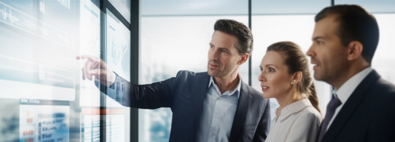 Immagine iperrealistica di professionisti caucasici che esaminano collaborativamente un preventivo B2B digitale su un grande schermo in una sala riunioni moderna.