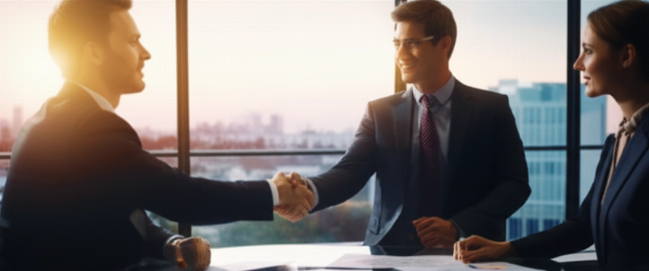 Immagine iperrealistica di due professionisti caucasici che si stringono la mano su un tavolo da conferenza, simboleggiando un accordo B2B di successo.