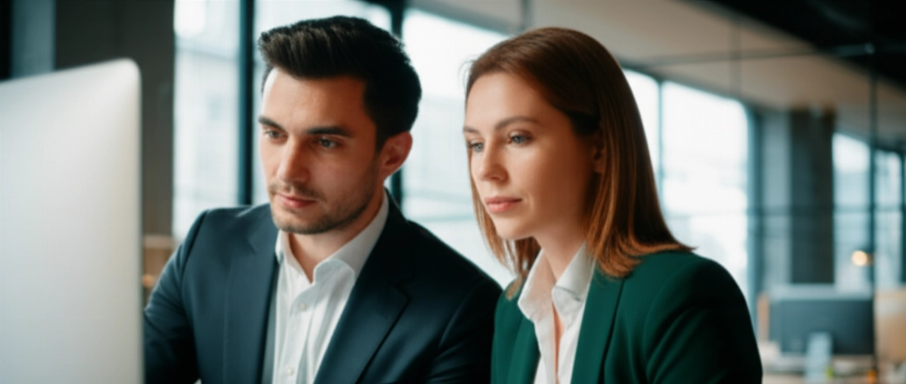 Due professionisti d'affari caucasici esaminano collaborativamente un modulo d'ordine rapido B2B digitale su uno schermo in un ufficio moderno.