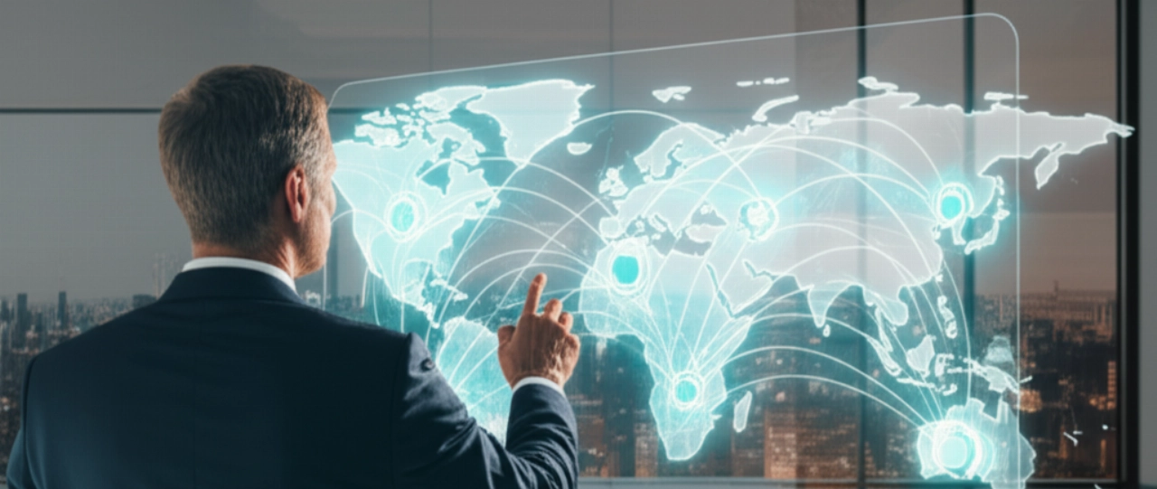 Un CEO caucasico osserva un display olografico di connettività e-commerce B2B globale e catene di approvvigionamento digitali in un ufficio moderno.
