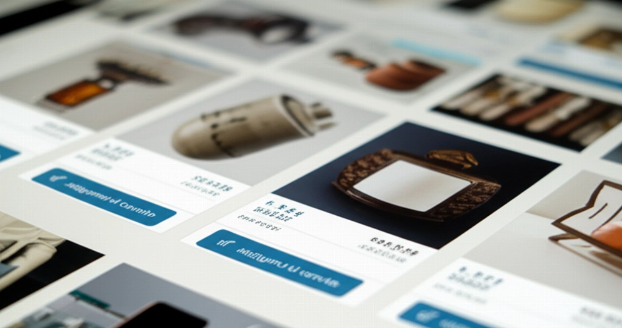 Uno schermo digitale iperrealistico che mostra una pagina prodotto e-commerce ottimizzata con articoli diversi e splendidamente fotografati.