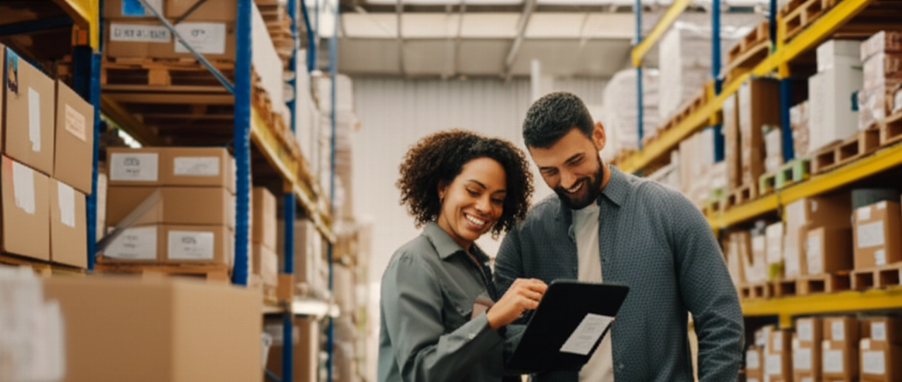 Una coppia caucasica che collabora con entusiasmo in un moderno centro di evasione ordini, rappresentando operazioni e-commerce efficienti.