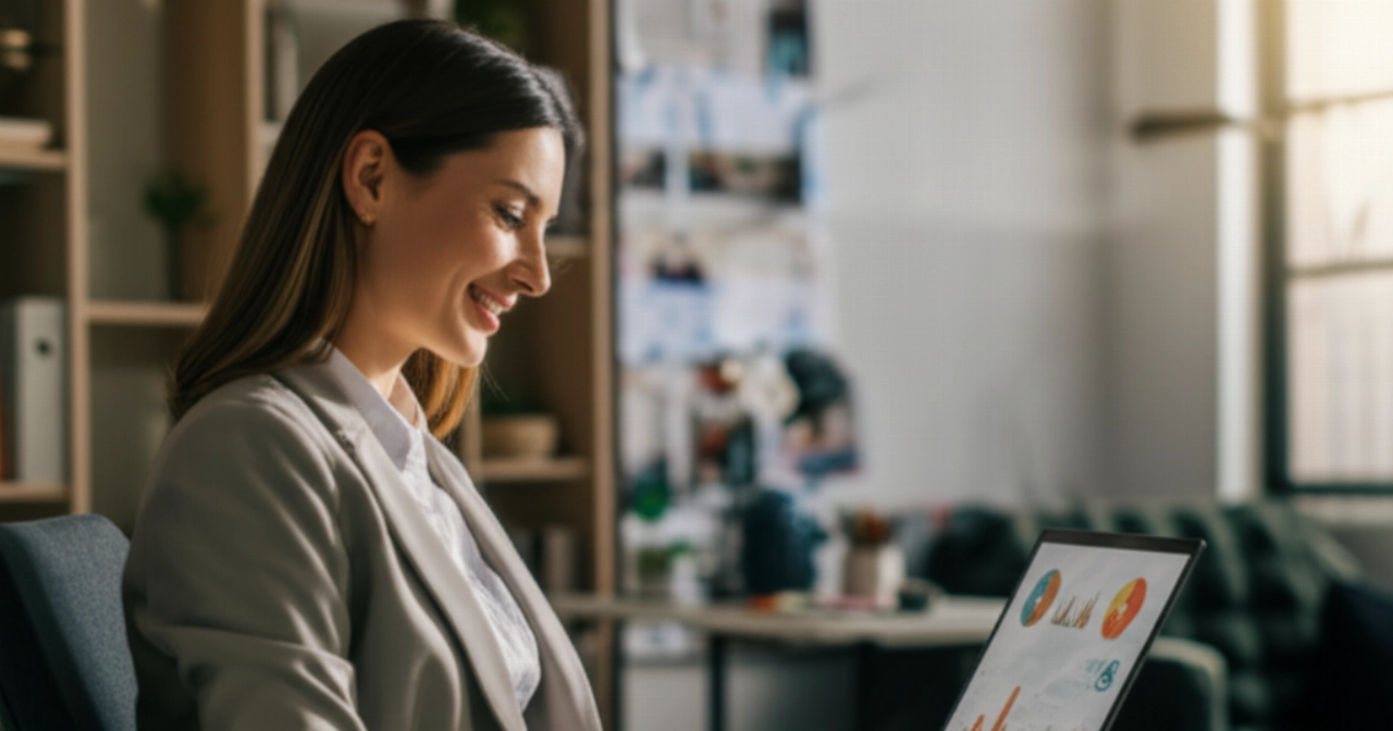Imprenditrice caucasica sicura di sé che esamina un dashboard e-commerce di successo su un laptop in un ufficio elegante e soleggiato.