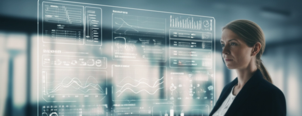Una dirigente caucasica concentrata che analizza complesse analisi di vendita B2B e dati della catena di approvvigionamento su un grande display digitale in un ufficio moderno.