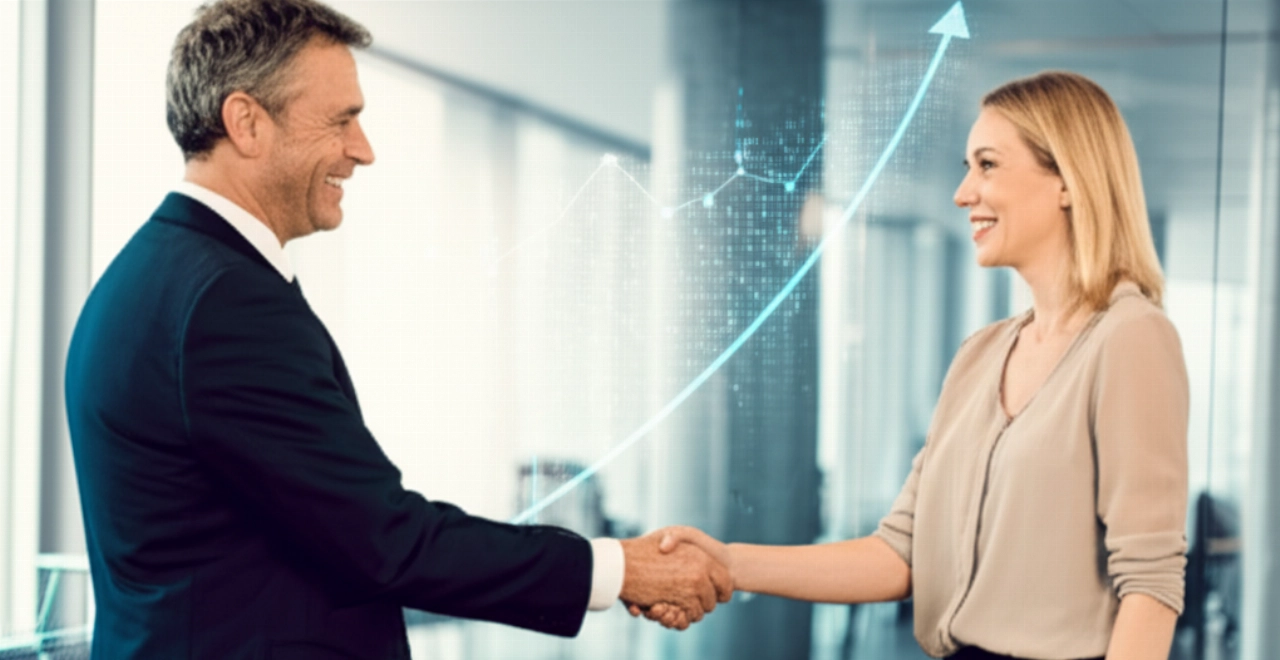 Due leader aziendali caucasici si stringono la mano in un contesto aziendale moderno, simboleggiando una partnership di successo e la crescita del business, con un sottile grafico di crescita digitale sullo sfondo.