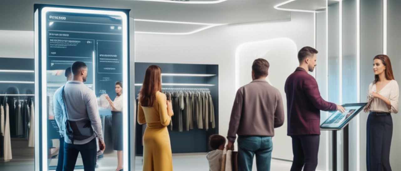 Diversi consumatori caucasici interagiscono con tecnologie di vendita all'avanguardia come specchi intelligenti AR e display olografici in un ambiente di shopping futuristico, mostrando esperienze cliente innovative e personalizzate.