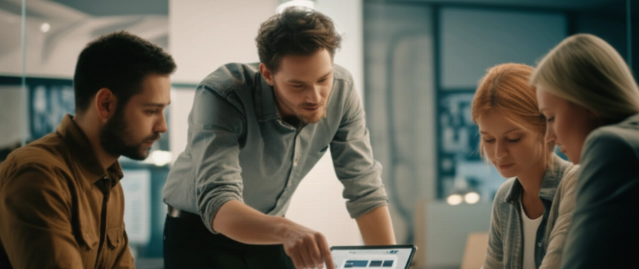 Un gruppo eterogeneo di giovani adulti caucasici collabora in uno spazio di co-working moderno, facendo brainstorming e pianificando una nuova attività di e-commerce.