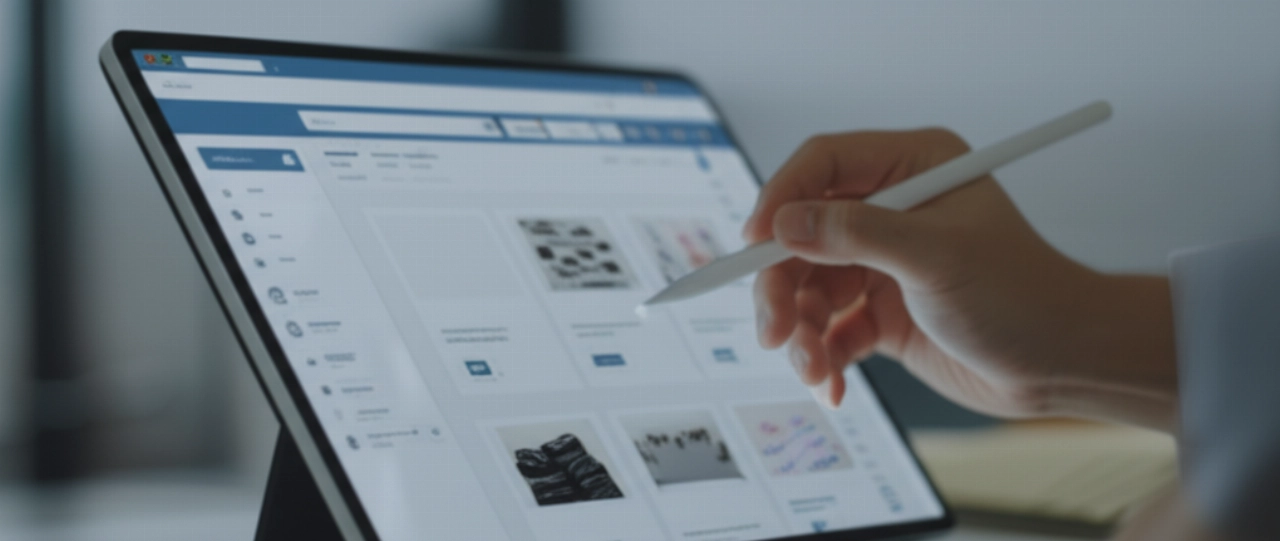 Un primo piano dell'interfaccia di una moderna piattaforma e-commerce su tablet, che mostra un catalogo prodotti in fase di popolamento, a simboleggiare l'impostazione iniziale di un negozio online.