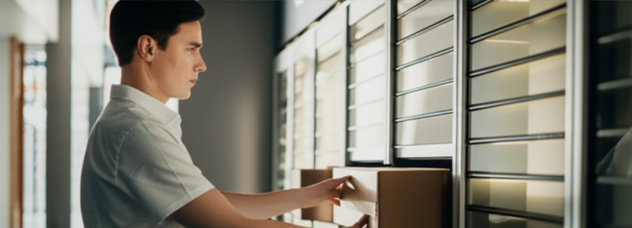 Un assistente di vendita caucasico professionale organizza meticolosamente i pacchi all'interno di un sistema di locker intelligente elegante e illuminato, sottolineando la precisione e l'efficienza delle moderne operazioni click-and-collect.