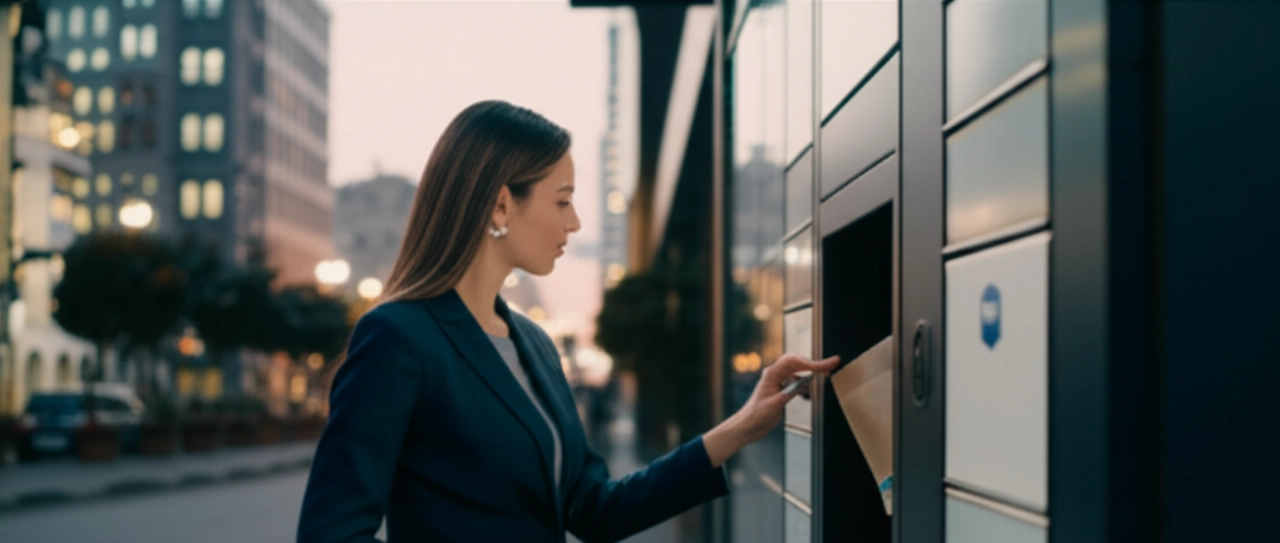 Un giovane professionista caucasico ritira rapidamente un pacco da un punto click-and-collect discreto su una trafficata strada urbana al crepuscolo, illustrando la comodità e la perfetta integrazione del servizio nella vita quotidiana.