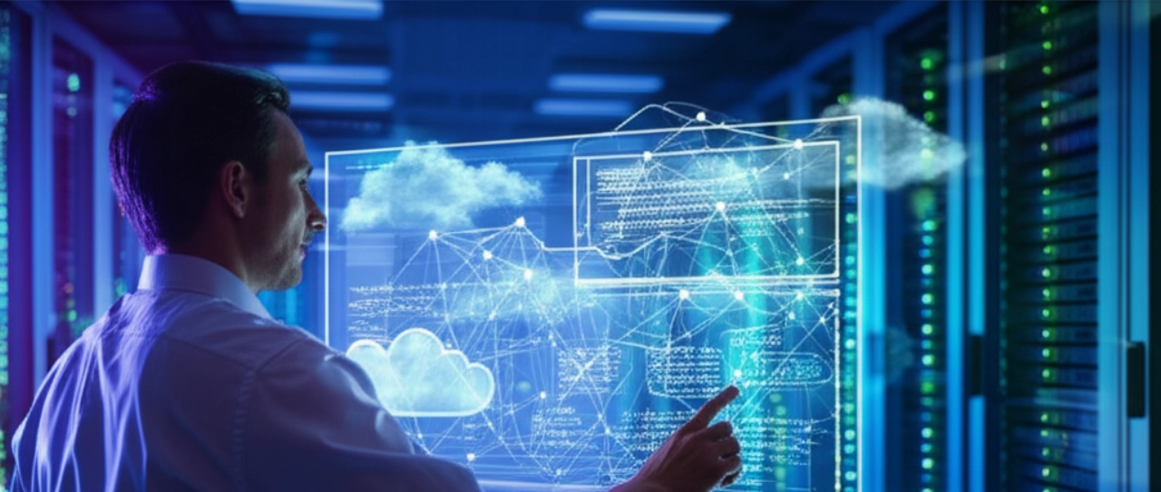 Una rappresentazione astratta e high-tech del flusso di dati cloud e dell'infrastruttura server, con un ingegnere caucasico che osserva un'interfaccia olografica.