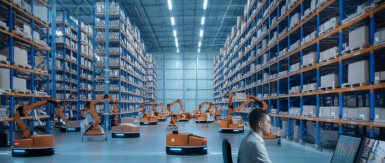 Magazzino automatizzato con robot e droni che gestiscono ordini B2B, supervisionato da un professionista caucasico.