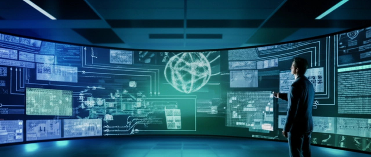 Un architetto IT caucasico in una sala di controllo futuristica, che interagisce con più schermi grandi che mostrano dashboard complesse e interconnesse di sistemi di commercio modulari, evidenziando precisione e integrazione senza soluzione di continuità