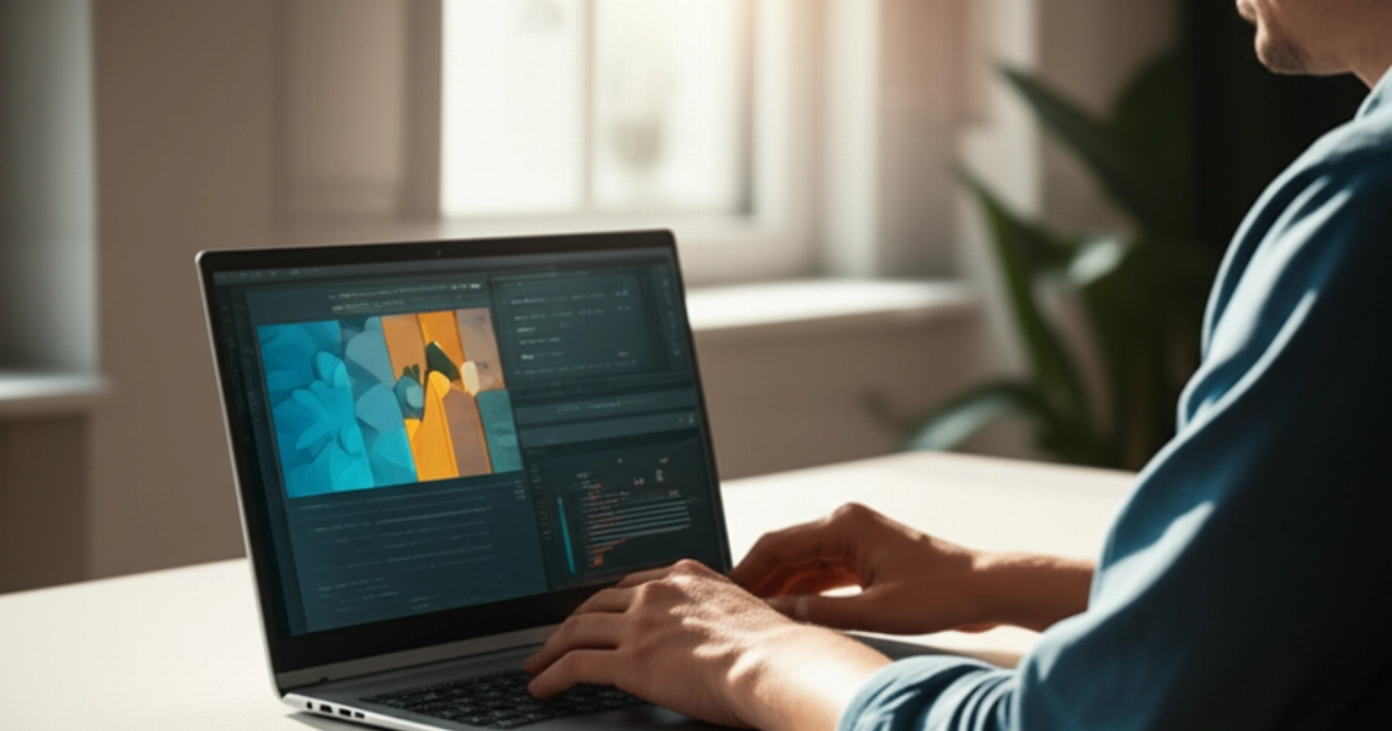 Un uomo caucasico che utilizza un laptop moderno e ultra-sottile in un ufficio domestico luminoso, enfatizzando la produttività.