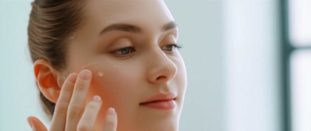 Un'immagine iperrealistica di una donna caucasica con pelle radiosa che applica un prodotto cosmetico in un bagno moderno, simboleggiando bellezza e cura di sé tramite soluzioni e-commerce.