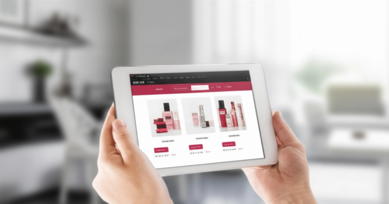 Un primo piano iperrealistico di mani caucasiche che tengono un tablet che mostra un sito e-commerce di cosmetici, illustrando la comodità dello shopping di bellezza online.