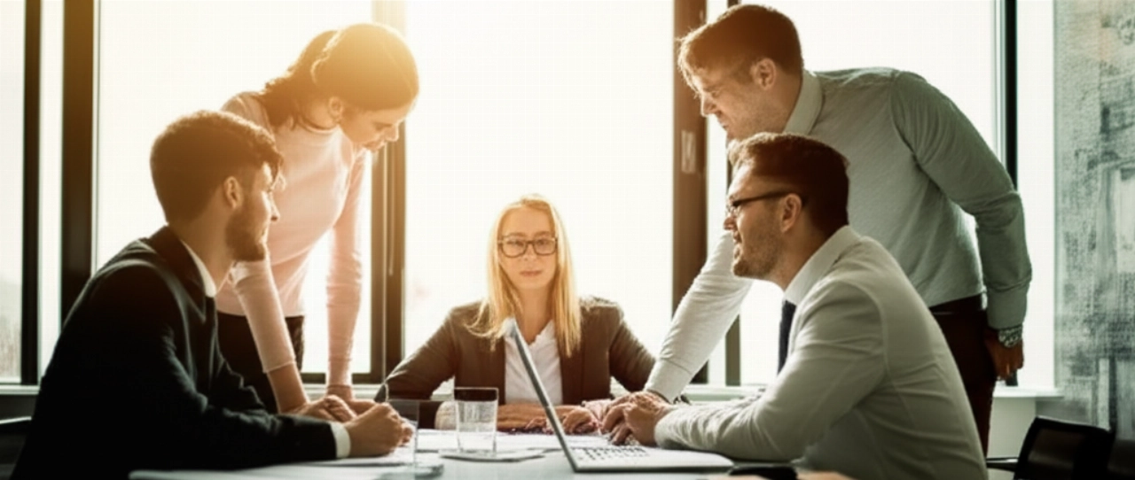 Immagine iperrealistica di professionisti d'affari caucasici che collaborano in modo efficiente in un ufficio moderno e luminoso, simboleggiando operazioni ottimizzate e risultati positivi da una riuscita integrazione CRM ed e-commerce.
