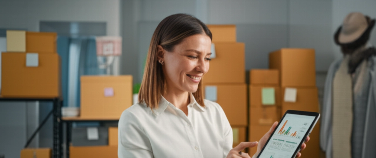 Una sicura imprenditrice e-commerce caucasica sorride mentre esamina un dashboard clienti su un tablet nel suo centro di evasione ordini organizzato.