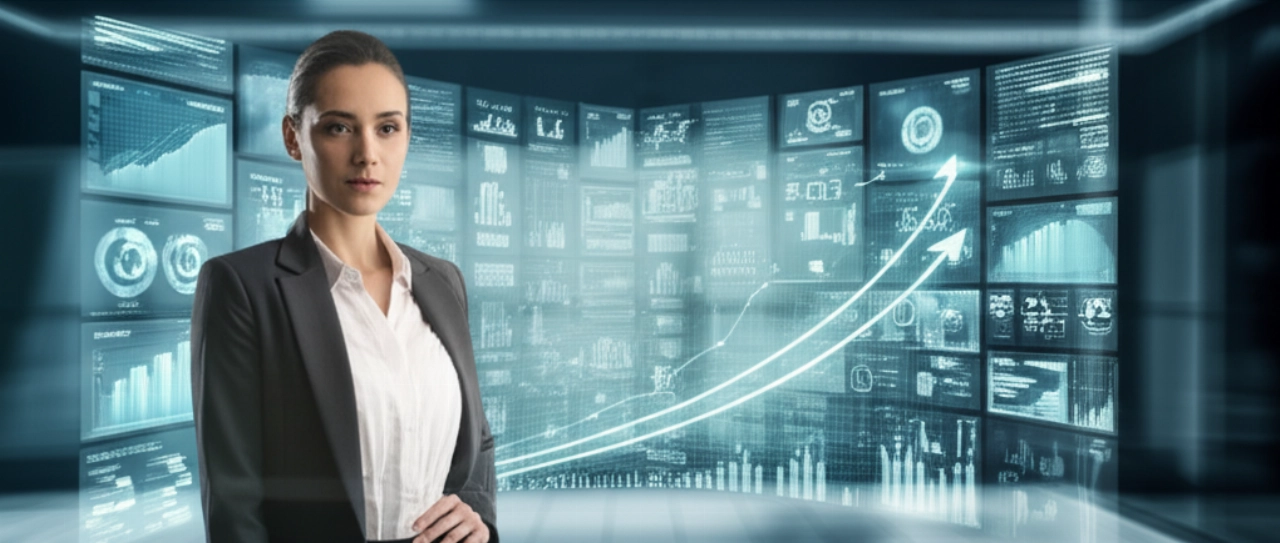 Una sicura leader d'affari caucasica si erge di fronte a una vivace vetrina digitale con grafici in crescita, simboleggiando una crescita significativa e il ritorno sull'investimento da una soluzione e-commerce personalizzata.