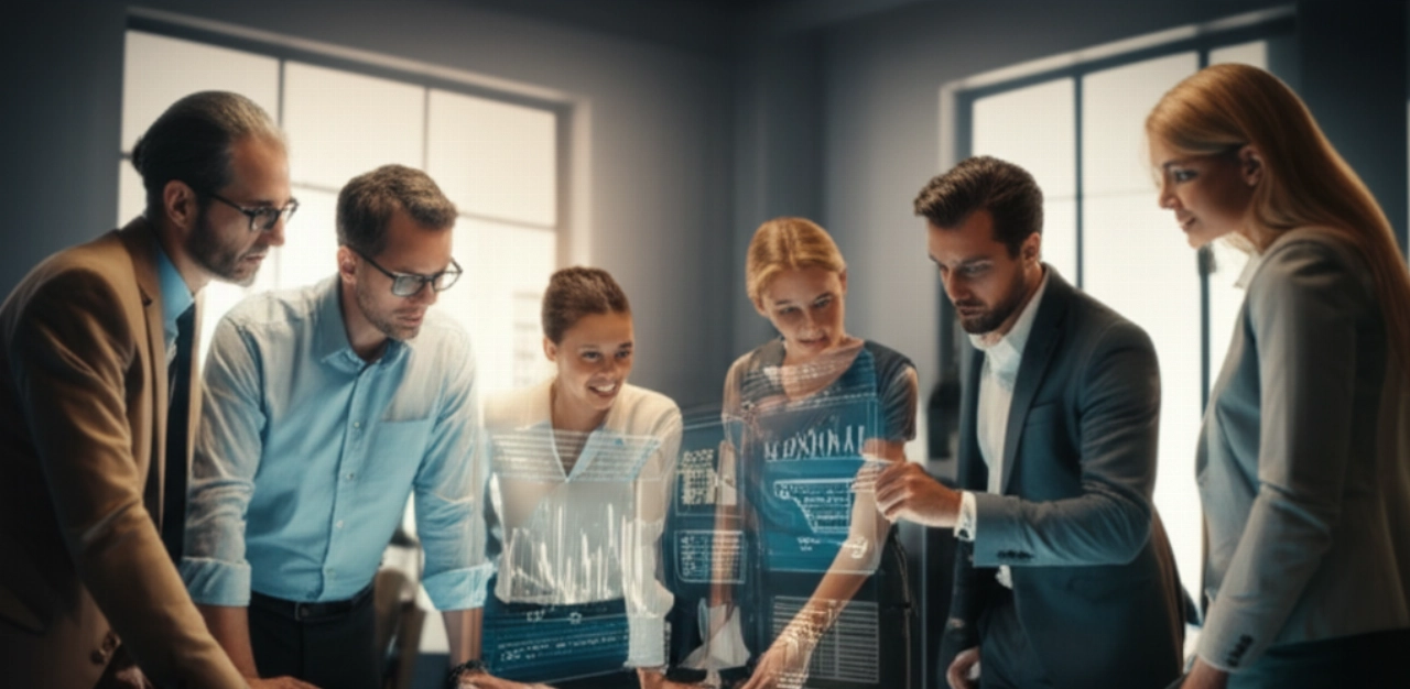 Un gruppo di professionisti caucasici che collaborano attorno a un tavolo digitale interattivo che mostra una dashboard e-commerce personalizzata, a simboleggiare il successo del lavoro di squadra e la crescita aziendale.