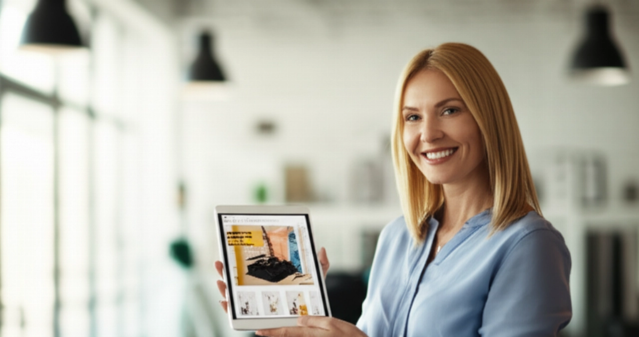 Una sicura imprenditrice caucasica che mostra un negozio e-commerce ad alte prestazioni su un tablet, simbolo di uno sviluppo di plugin personalizzato di successo.