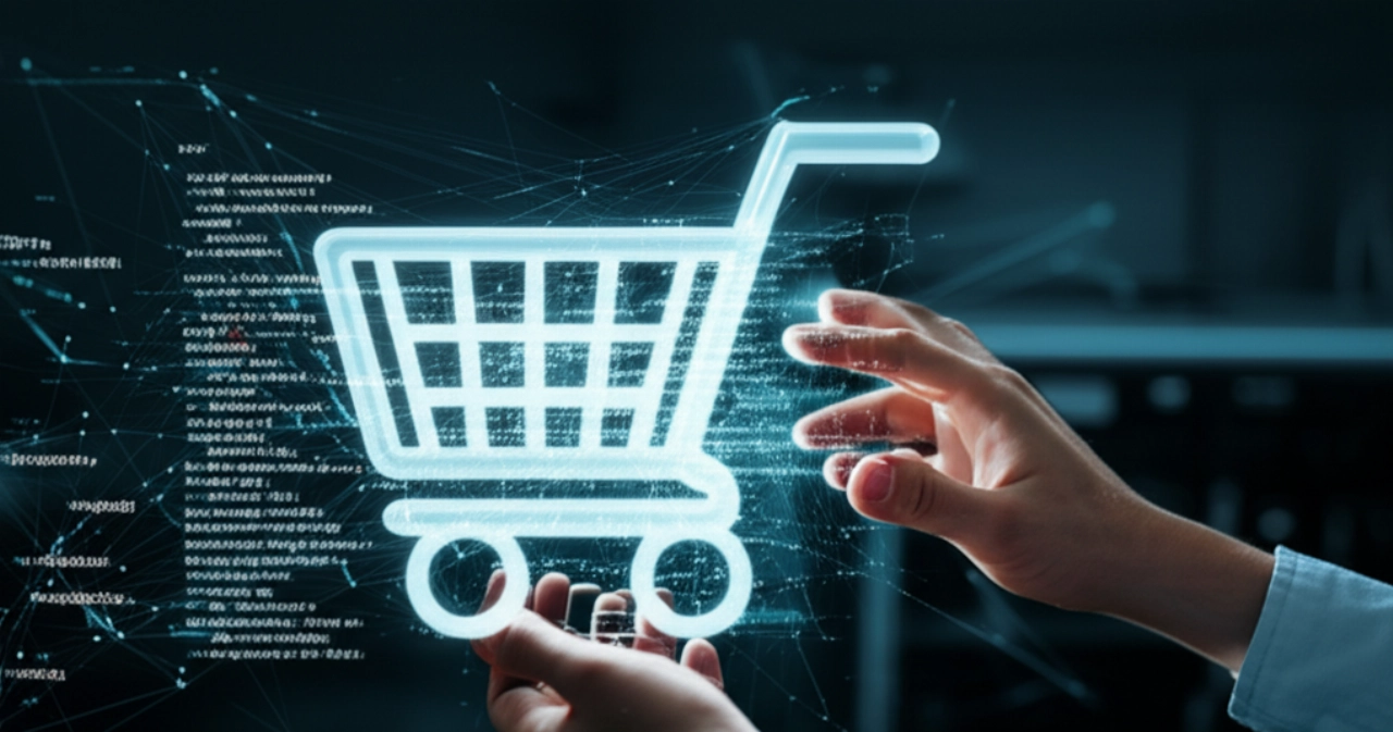 Rappresentazione astratta di linee di codice luminose che formano elementi e-commerce, interagite da mani, simboleggiando lo sviluppo complesso di plugin personalizzati.