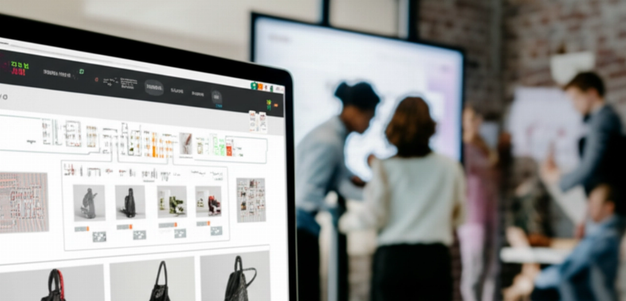 Un'interfaccia di sito e-commerce fluida in primo piano, con membri del team caucasici che collaborano all'analisi dei dati sullo sfondo, a rappresentare lo sviluppo personalizzato di Magento.