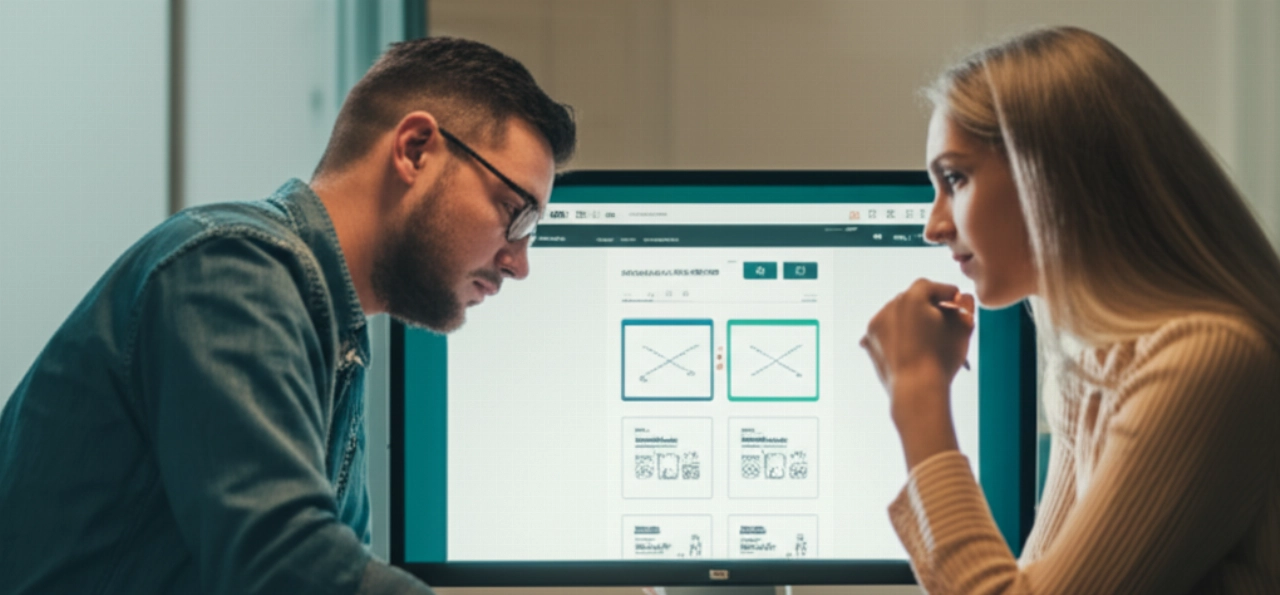 Immagine iperrealistica di uno sviluppatore caucasico e una cliente caucasica che collaborano su un tema Shopify personalizzato, discutendo mock-up di design su un grande schermo in un ufficio moderno. Simboleggia soluzioni e-commerce su misura e la partn