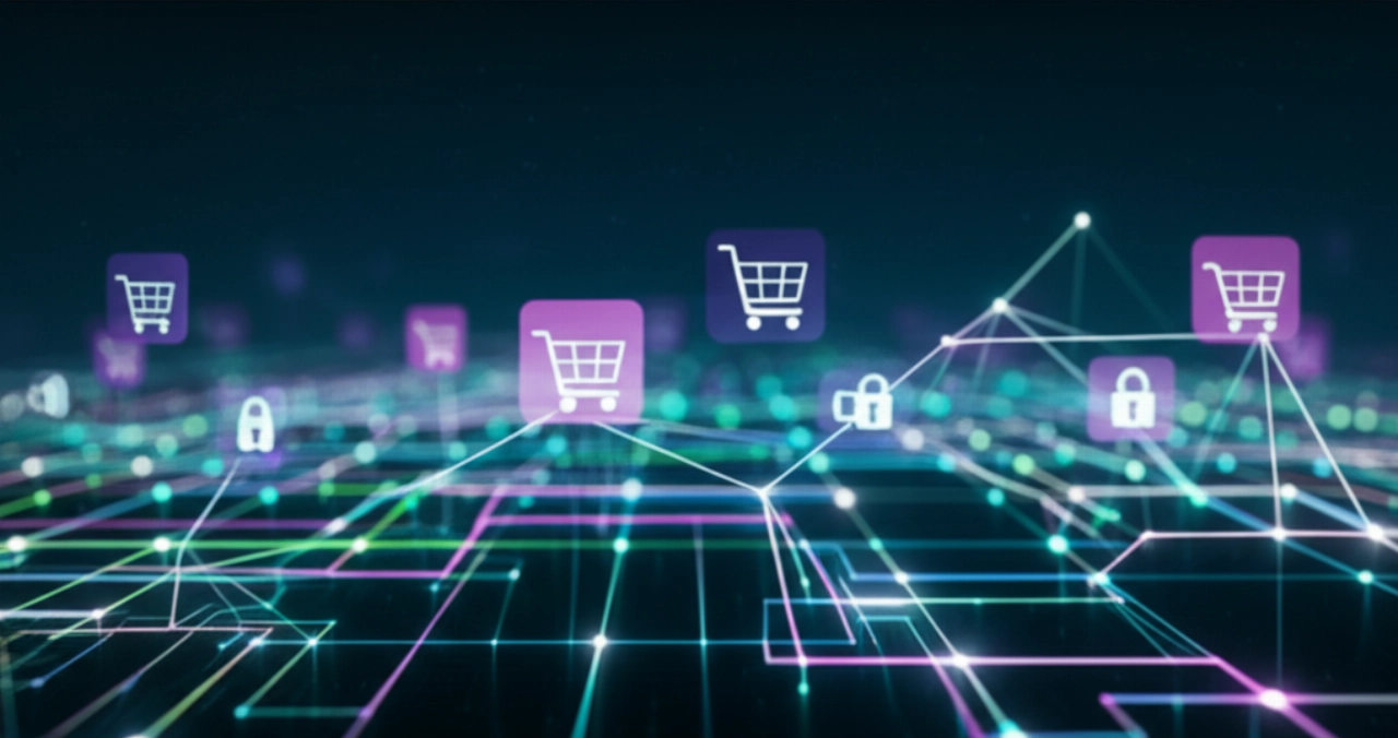 Un paesaggio digitale astratto con nodi interconnessi e percorsi luminosi, che simboleggia lo sviluppo di plugin e-commerce personalizzati e l'integrazione senza soluzione di continuità.